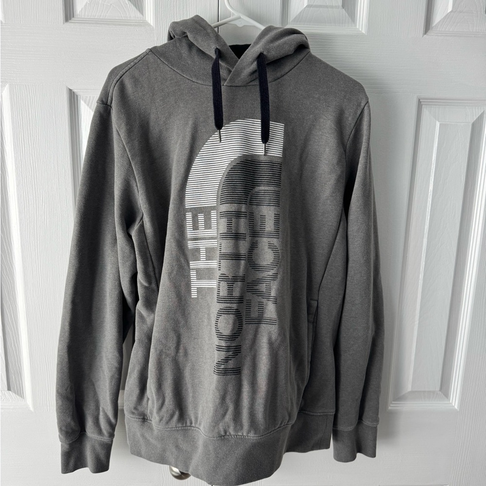 The North Face Charcoal Gray Pullover Sweatshirt Hoodie Vertical Logo Medium
